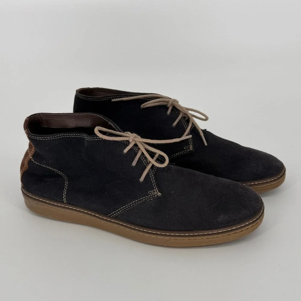 Johnston & Murphy Mens 12M Navy Suede Chukka Boots Brown Leather Trim 25-2047